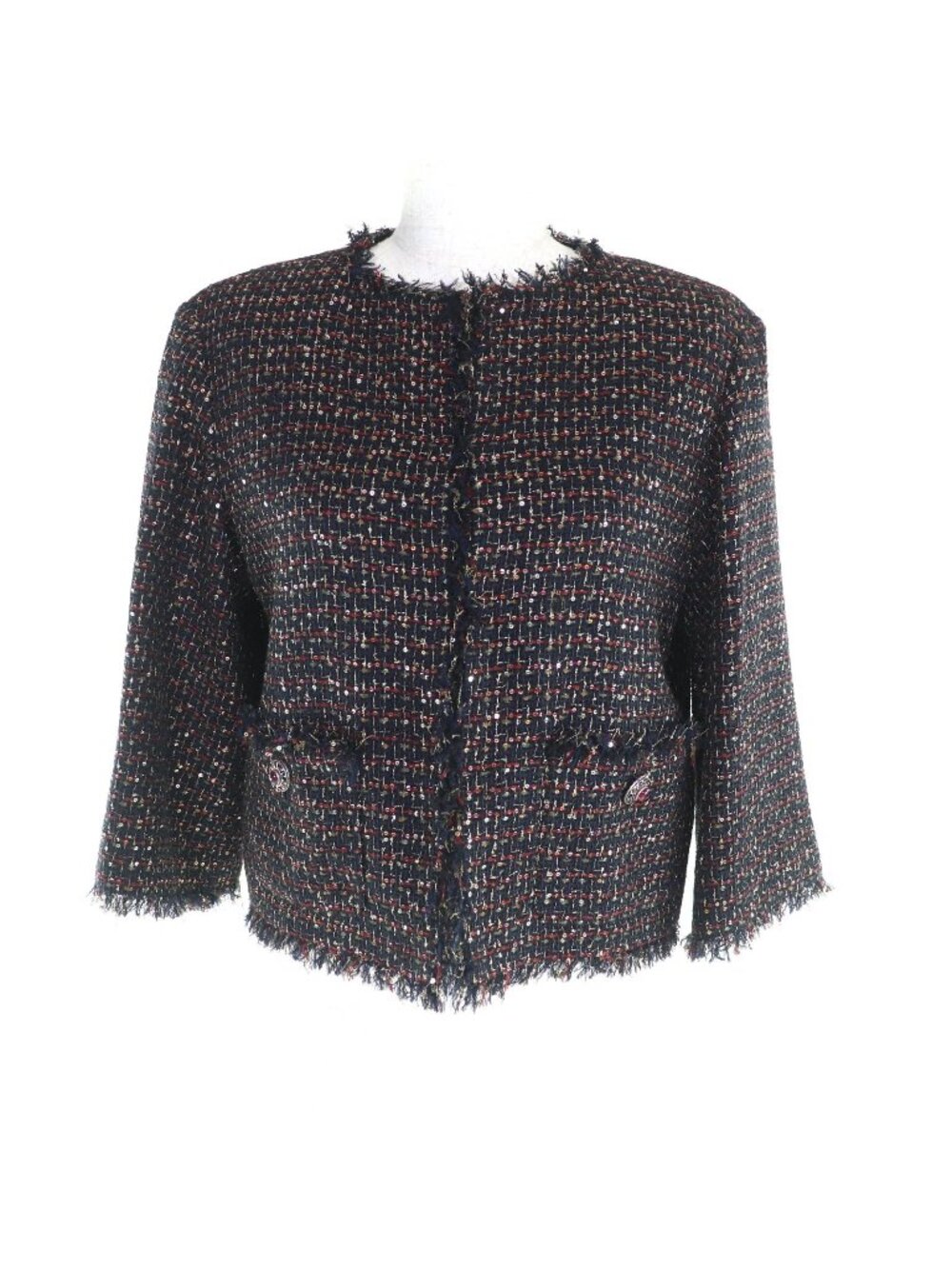 Chanel 12A Stone Button Sequins Tweed Collarless Jacket Multi 34